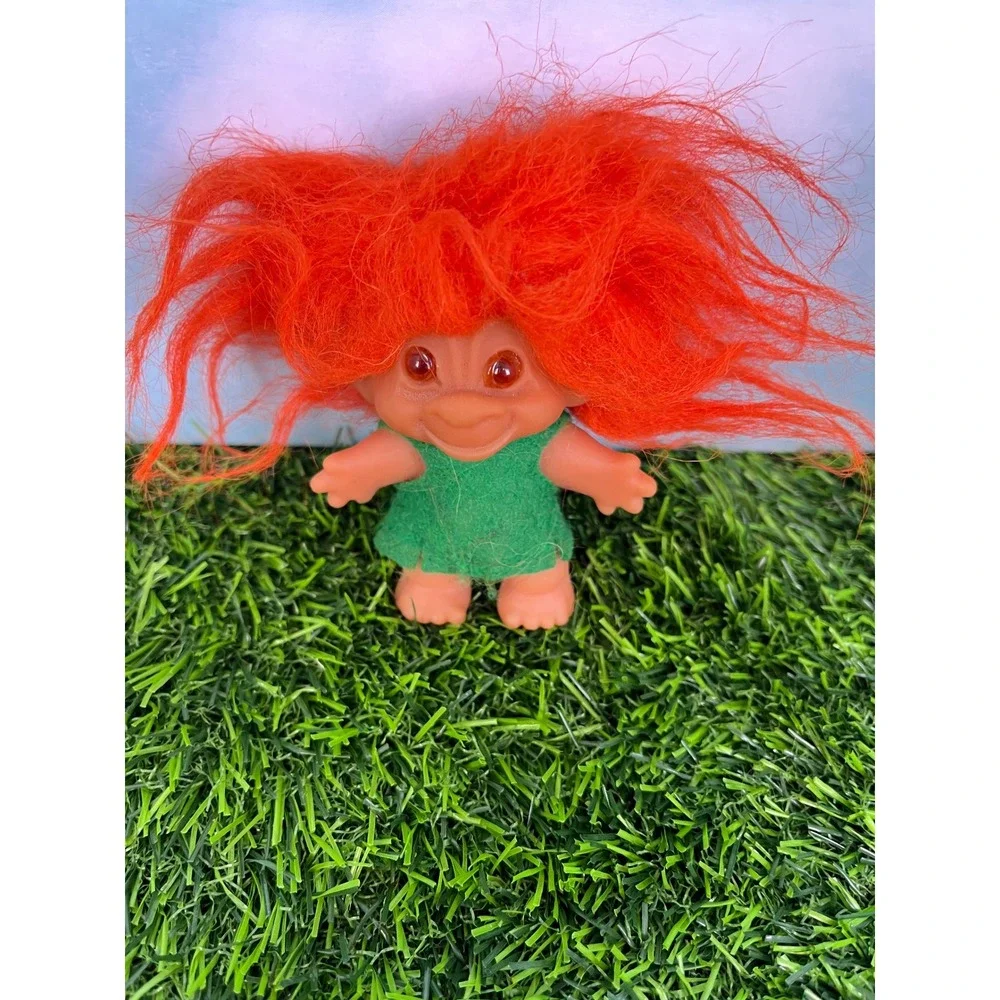 Vintage Troll Doll Orange Hair Green Felt Outfit Amber Eyes Retro Collectible